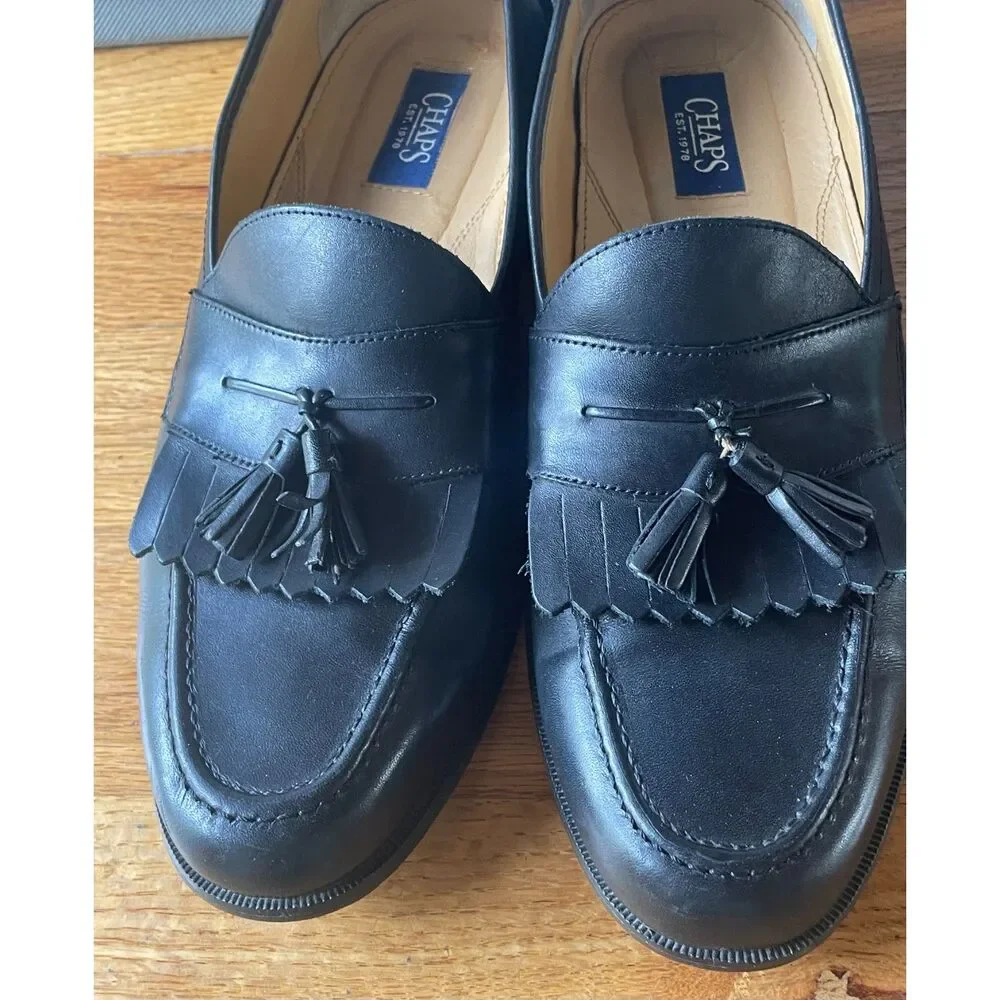 Chaps Mens 9.5M Black Leather Kiltie Fringe Tassel Loafers Dress Shoes